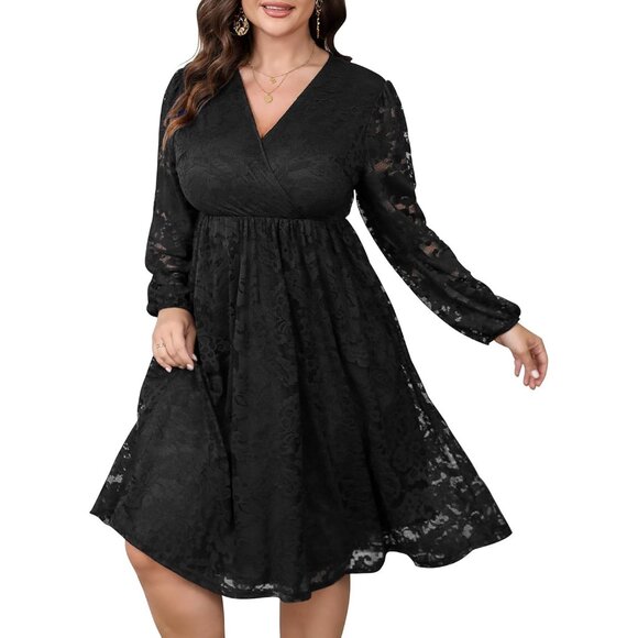 Plus Size Lace Midi Dress V Neck Wrap Long Sleeve Flowy Party Wedding - Picture 1 of 6